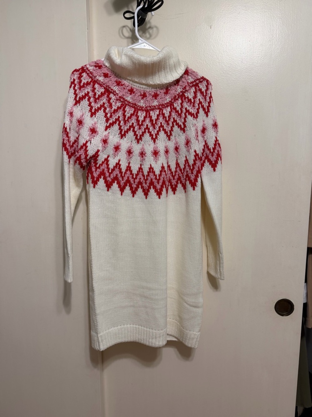 Turtleneck Fair Isle Sweater Dress - Ivory with Red Pattern